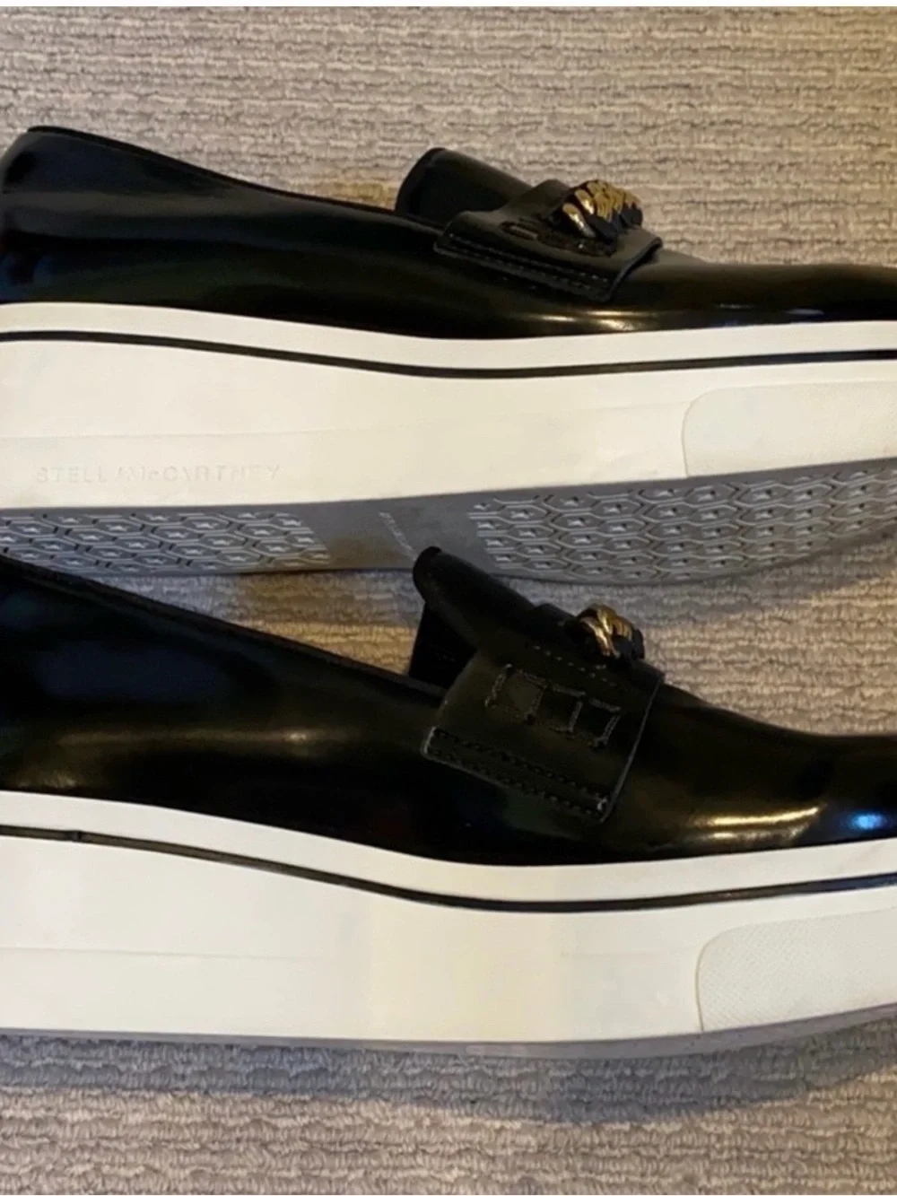 Stella McCartney Black Patent Platform Loafers with Gold Chain